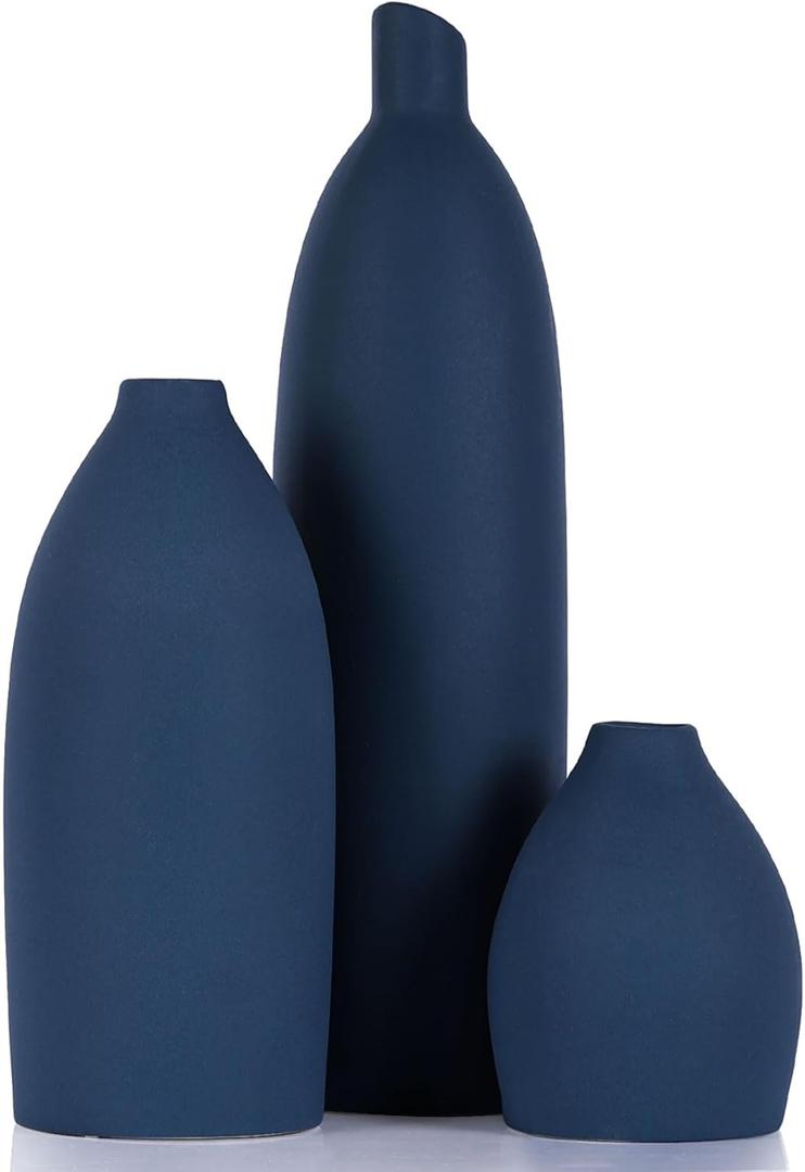 Blue Vase Set of 3 - Matte Navy Blue Vases Home Decor, Modern Coastal Decor Vase for Shelf, Coffee Table, Kitchen, Bathroom, Mantle, Living Room, Bookshelf, Office Console, Centerpiece (Navy Blue)