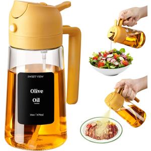 Oil Sprayer for Cooking, 16oz/470ml 2 In 1 Glass Olive Oil Sprayr & pourer for Kitchen, Air Fryer, Cooking, Salad, BBQ (Yellow)
