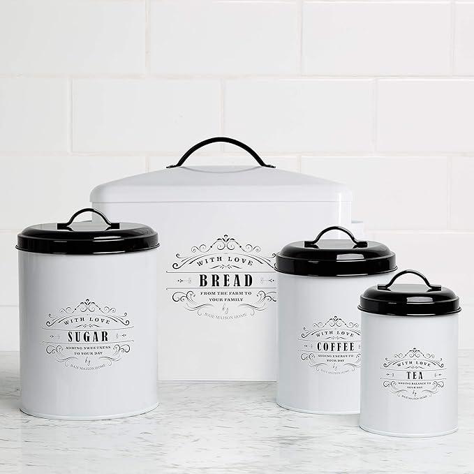 Baie Maison Extra white Black Farmhouse Bread Box for Kitchen Countertop - Holds 2+ Loaves for All Your Bread Storage with Matching Large Kitchen Canisters Set of 3 - Coffee Tea Sugar Container Set