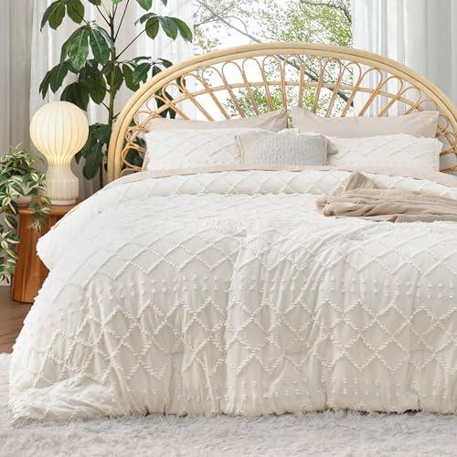 Bedsure Queen Comforter Set - Ivory Comforter, Boho Tufted Shabby Chic Bedding for Kids, 3 Pieces Vintage Farmhouse Bed Set for All Seasons, Fluffy Soft Bedding with 2 Pillow Shams