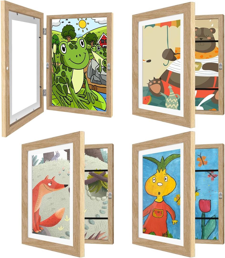 4 Pack Kids Art Frames 8.5x11 Inch Kids Artwork Flip Frame Changeable for Picture Display, Children School Drawing Projects Storage, Horizontally Vertically Wall Hanging, Front Opening, Wood