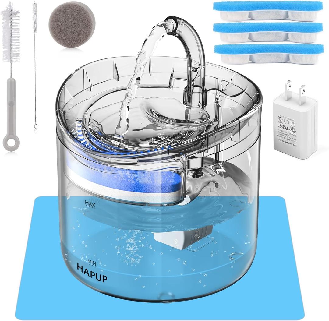 Cat Water Fountain Animal Water Dispenser 61OZ/1.8L Automatic Pet Drinking Fountain with 3 Filter Replacement 1 Pump 1 Cleaning Brush kit 1 Silicone Food Mat 1 Adapter for Cats Kitty Indoor (Upgrade)