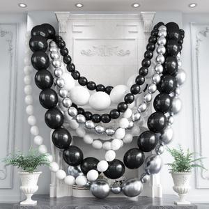 Black White and Gold Linking Balloons, 90PCS Black Gold and White Balloon Arch, Metallic Silver Quick Linked Connecting Balloon for Wedding Birthday Baby Shower Graduation New Year Party Decorations (6+10 inch)