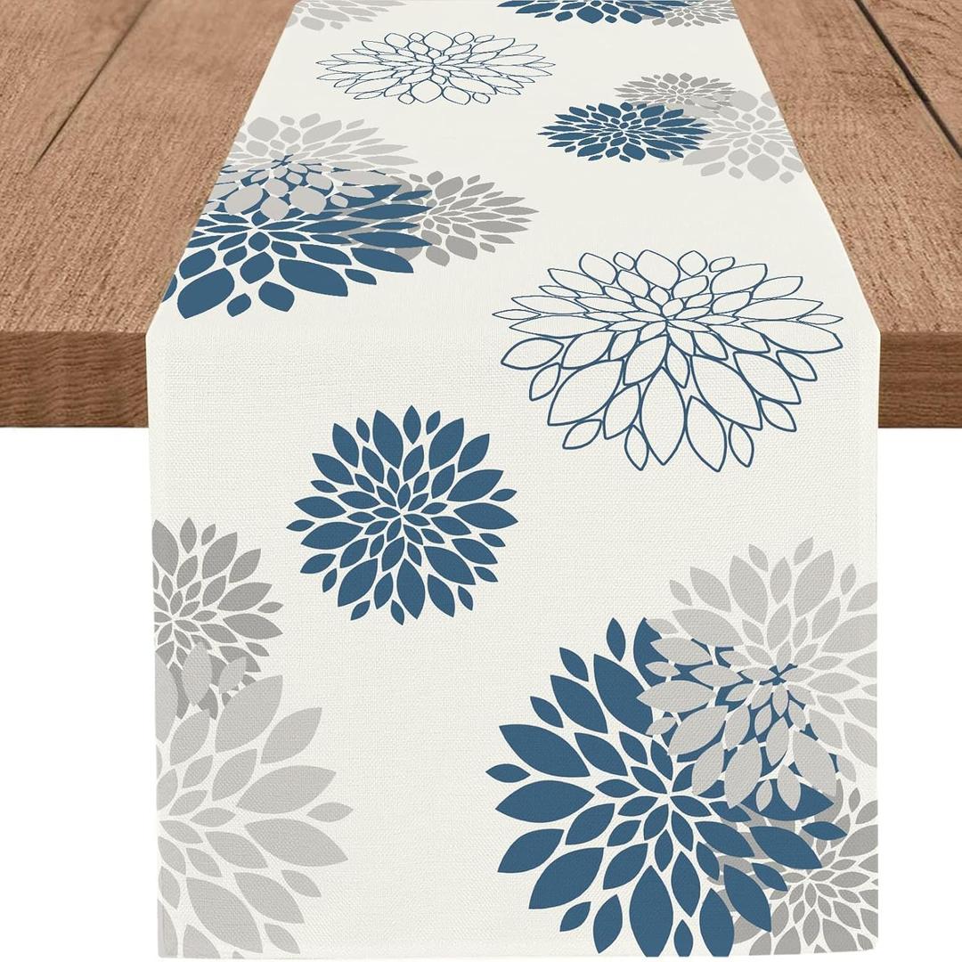 Blue Gray Table Runner Dahlia Pinnata Flower Beige Table Runners Modern Elegant Pompon Farmhouse Geometric Table Center Decor for Home Dining Party Entrance (13x90 Inch)