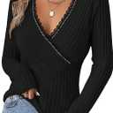 SOLY HUX Women's Long Sleeve V Neck T Shirt Lace Trim Rhinestone Wrap Tee Slim Fitted Fall Tops (Large, Pure Black)