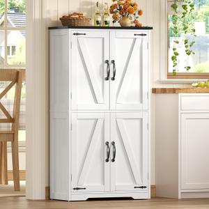 Farmhouse Storage Cabinet with 2 Adjustable Shelves, Bathroom Cabinet with 4 Doors, Kitchen Cabinets, Cupboard for Kitchen, Living Room, White