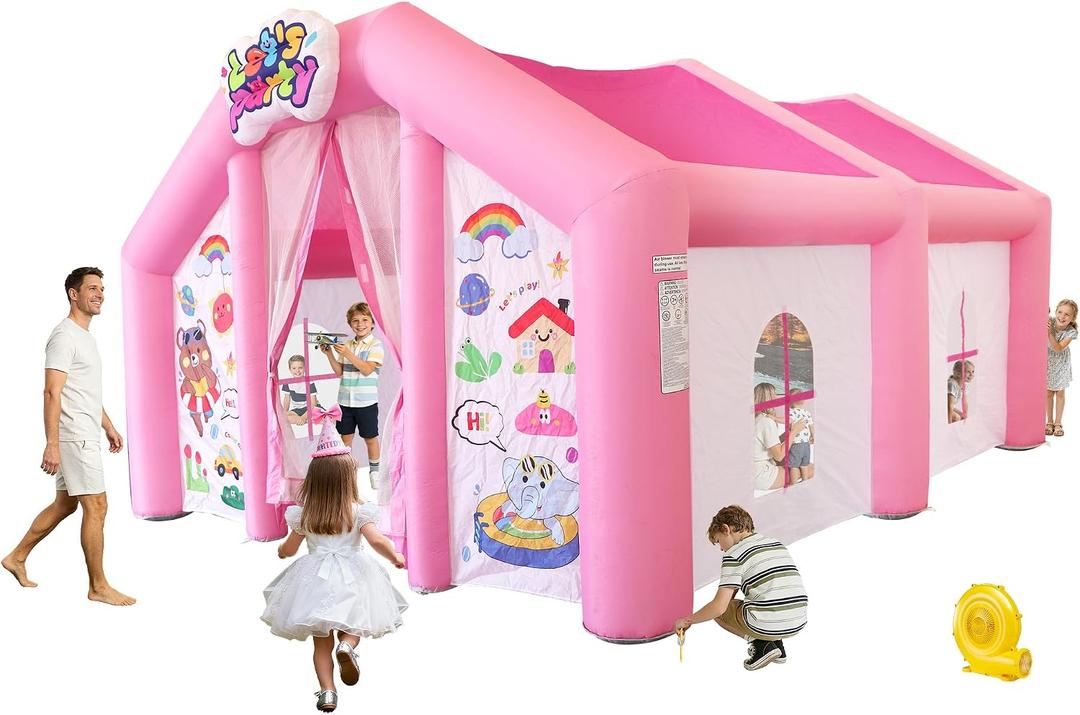 Large Inflatable Kids Playhouse Tent, Pink Big Kids Party Tent with Blower, 167" x 152" x 93"