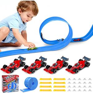 Plastic Flexible Race Car Track for Kids Toy with 20 Suction Cups & 8 Yellow Gasket Compatible with 4 Alloy Diecast 1:64 Cars Toys,13FT Rolls Up Portable Flex Track Racetrack Toy for 3 Up Years Old