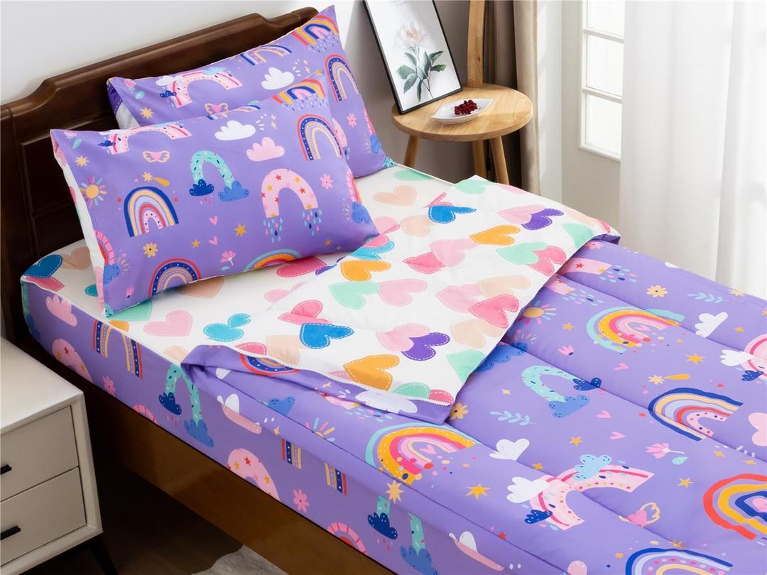 NTBED Rainbow Printed Zipper Bedding Sets Twin Lightweight Microfiber Cloud Comforter Sets with Fitted Sheet Pillow Covers,Purple (Lavender)