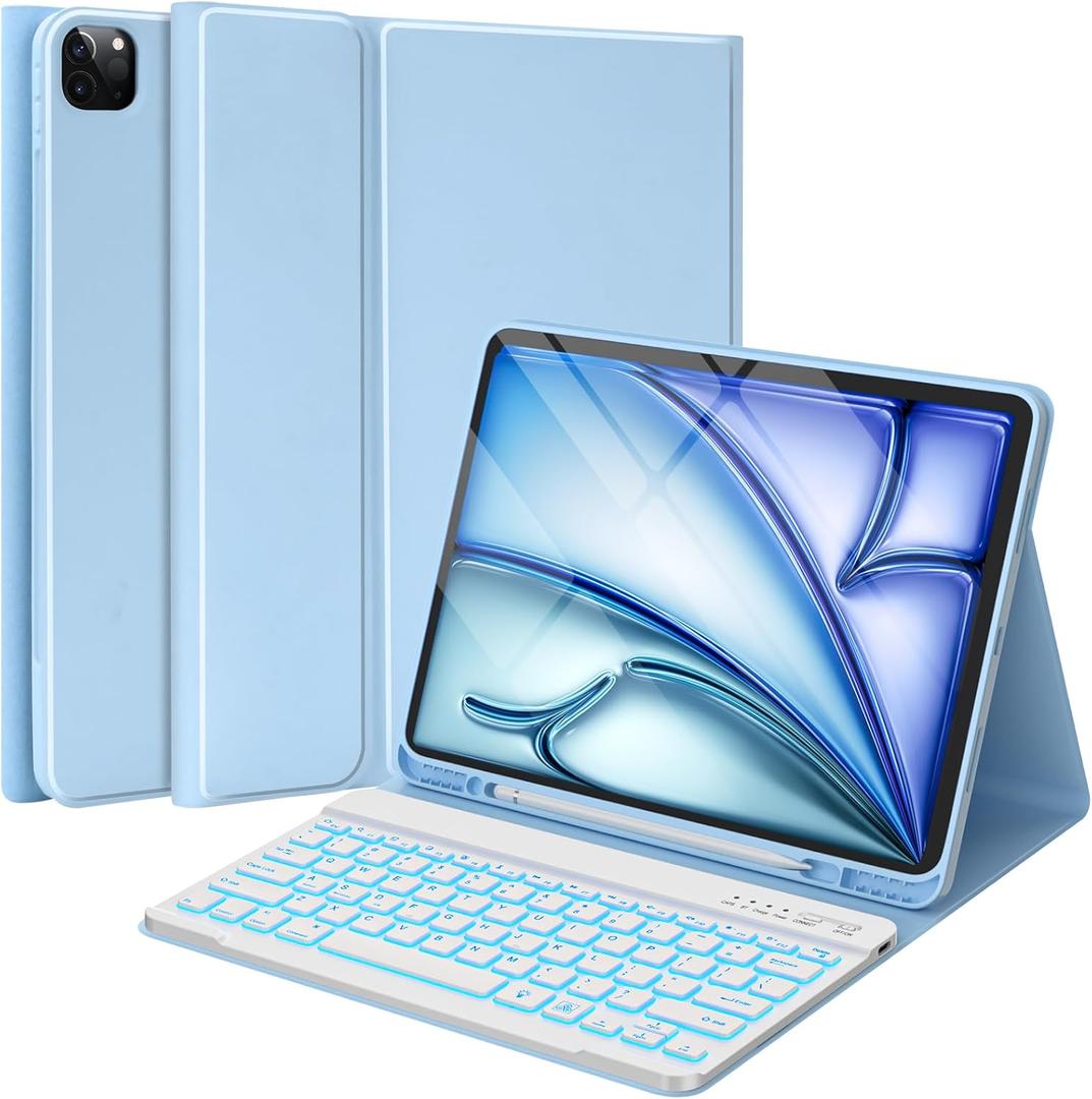 BQSS for iPad Air 13 Inch Case Keyboard (M3/M2, 2025/2024) & iPad Pro 12.9 inch (6th/5th/4th/3rd Gen), 7 Colors Backlit Wireless Detachable Folio Keyboard Cover with Pencil Holder (Light Blue)