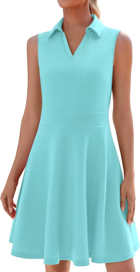 WEACZZY Womens Summer Dresses Casual Collared V Neck Mini Dress Sleeveless Tennis Golf Dress with Pockets (Large, Light Blue)