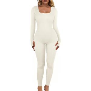 Vigorics Yoga Tummy Control Bodysuit Workout Long Sleeve Jumpsuit Exercise Shapewear Bodycon Sport Romper Beige M