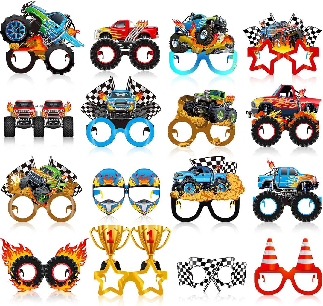 Jenaai 32 Pcs Monster Truck Party Decorations Paper Glasses Monster Truck Photo Booth Props Car Theme Eyeglasses for Baby Shower Birthday Party Supplies Favors