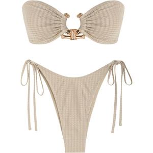ZAFUL Metal Ring Bandeau Bikini Set Tie Side Bathing Suit High Cut 2 Piece Swimsuit Cutout Swimwear (Medium, Beige)