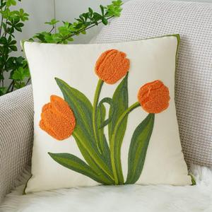 vctops Farmhouse Tulip Cotton Tufted Throw Pillow Cover Spring Floral Embroidery Pillowcase Soft Square Cushion Case for Sofa Couch Bed Chair (Orange, 18"x18")