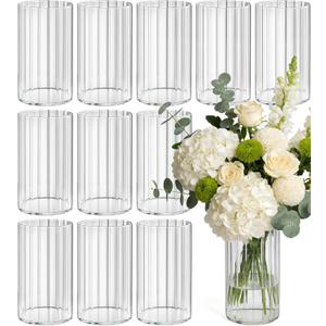 12pcs Stripe Glass Cylinder Vases for Centerpieces, 6 Inch Tall Flower Vase for Wedding Decorations, Hurricane Vases Floating Candle Holder for Table Centerpiece Wedding Home Décor