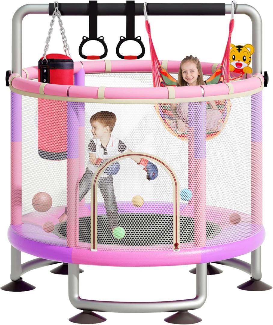 5-in-1 Toddler Trampoline for Kids,60"" Trampoline for Toddlers,Upgrade Kids Trampoline Indoor Outdoor,500lbs Baby Child Large Small Trampoline with Safety Net (light Purple)