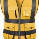 High visibility reflective safety vest multi pockets Hi-vis vest workwear safety waistcoat with reflective strips (Yellow, XXXL)
