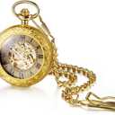 OIDEA Automatic Mechanical Pocket Watch: Gold Tone Carving Flower Skeleton Roman Numerals Round Dial Pocket Watch with Chain Hanging Sweater Clock Necklace Gifts for Men Women