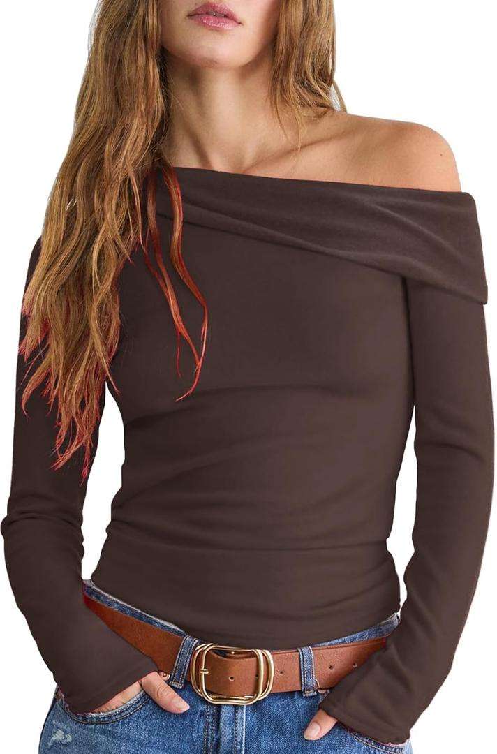 LIYOHON Women's Off The Shoulder Top Long Sleeve Shirts Sexy Slim Blouses Date Night Going Out One Shoulder Tops (Large, Yh-brown)