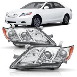 Headlight Assembly Compatible with 2007 2008 2009 Toyota Camry Base/CE/LE/XLE US Version, Chrome Housing Amber Reflector