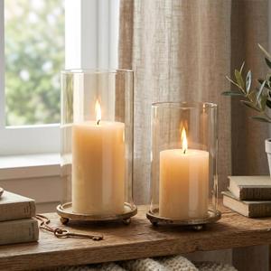 Hurricane Candle Holders Set of 2 - Pillar Candle Stands with Glass Sleeves for Fireplace Mantel & Dining Table Centerpiece Decor (Gold)