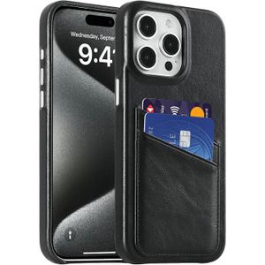 LUCKYCION Genuine Leather Wallet Phone Case for iPhone 15 Pro Max 6.7 in Phone Purse with 2 Credit Card Holder, Cell Phone Basic Cases with Card Slot Cover, Full Body Protective Slim Shockproof - Black