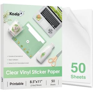 Koala 95% Clear Sticker Paper for Inkjet Printer - Waterproof Printable Vinyl Sticker Paper - 8.5x11 Inch, 50 Sheets, Transparent Glossy - Easy to Use for DIY Personalized Decals