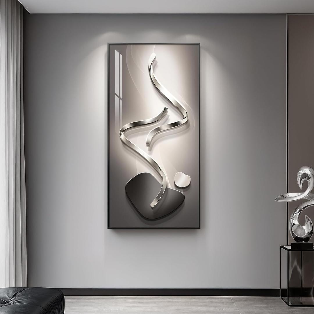 Large Framed Modern Abstract Vertical Wall Art for Living Room, Black Grey Prints Paintings Artwork for Walls, Silver Gray Luxury Pictures for Hallway Entryway Foyer Stair Office Wall Decor 30x60 Inch