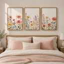 Framed Watercolor Botanical Wall Art for Bedroom, 3 Piece Colorful Floral Canvas Artwork for Walls, Large Farmhouse Wildflower Flower Prints Paintings for Living Room Entryway Wall Decor 16x24 Inch
