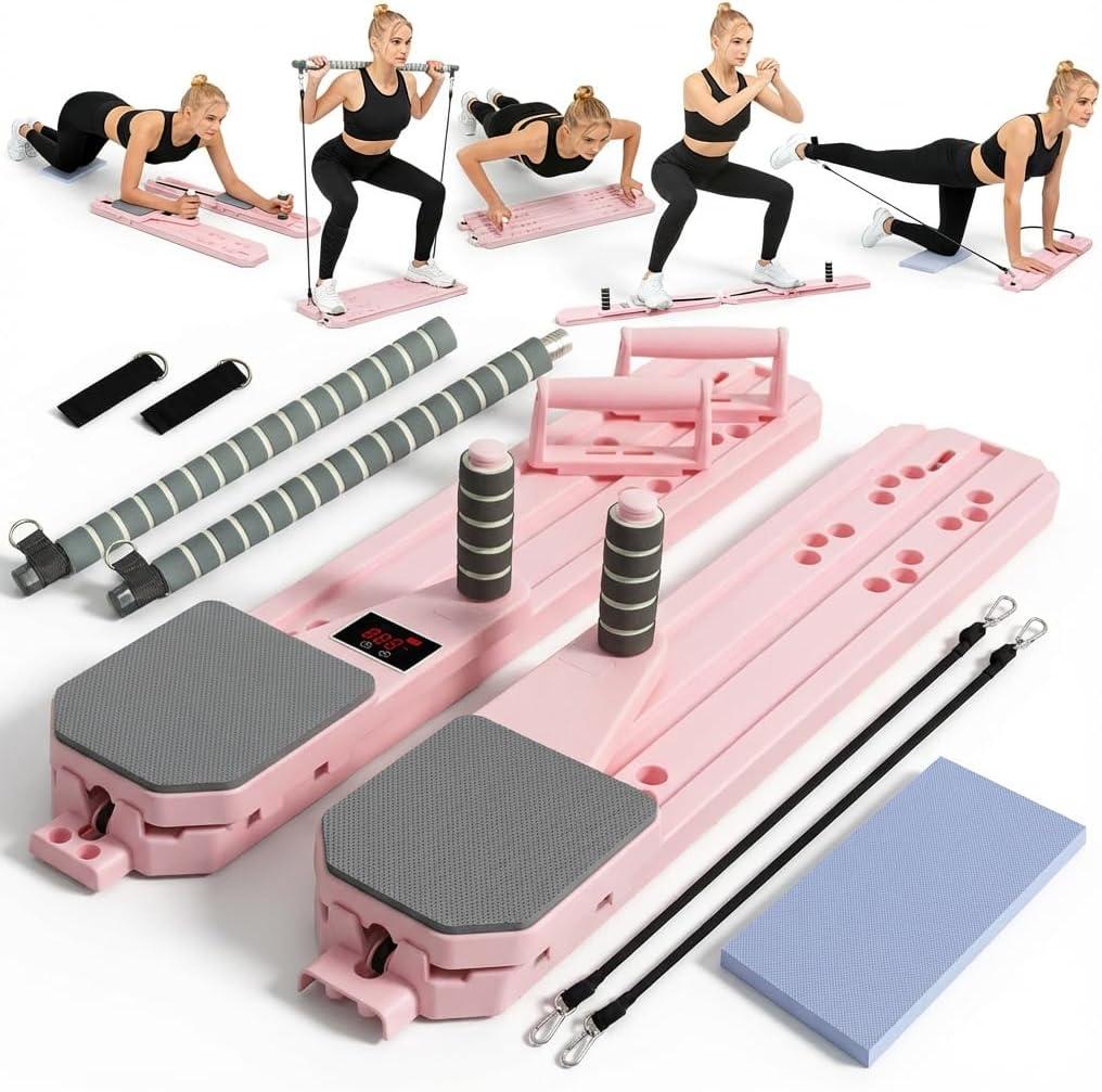 Pilates Board Pilates Reformer Board Set 12-in-1 Portable Pilates Board for Home Workout Core & Abs Toning Full Body Sculpting Equipment Pink