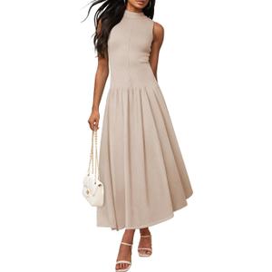 ZESICA Women's Summer Sleeveless Tank Maxi Dress 2025 Mock Neck Ribbed Knit High Waist Flowy Wedding Guest Long Dresses, M, Apricot