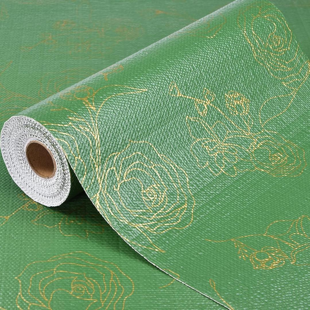 Shelf Liner for Kitchen Cabinets Drawer Liner Non-Adhesive Non-Slip Thickened Shelf Liner Paper Easy to Clean with Green Background Gold Floral Line Pattern for Tool Box Refrigerator.17.3×236.2 inches