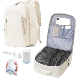 Vacuum Backpack Travel with Pump for Women, Personal Item Carry on Backpack Flight Approved 18x14x8 inches for Men, Waterproof Work Laptop Casual Daypack - Beige