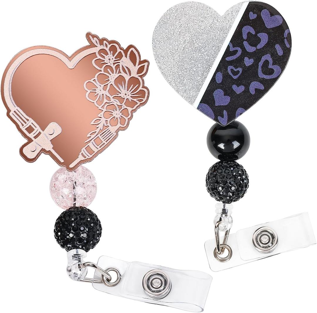 3 x Black Leopard & Rose Gold Heart Badge Reel Retractable ID Name Holder Clip, Beaded Glitter Badge Reels for Nursing Nurse Teacher Student