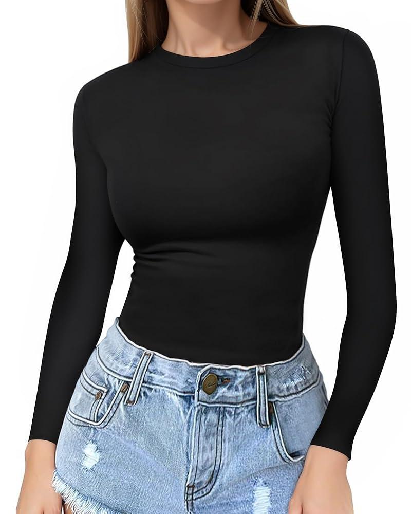 MANGOPOP Womens Tops Long Sleeve Crew Neck t Shirts Double Lined Slim Fitted Lined Tight Basic Tee Shirt Black XL