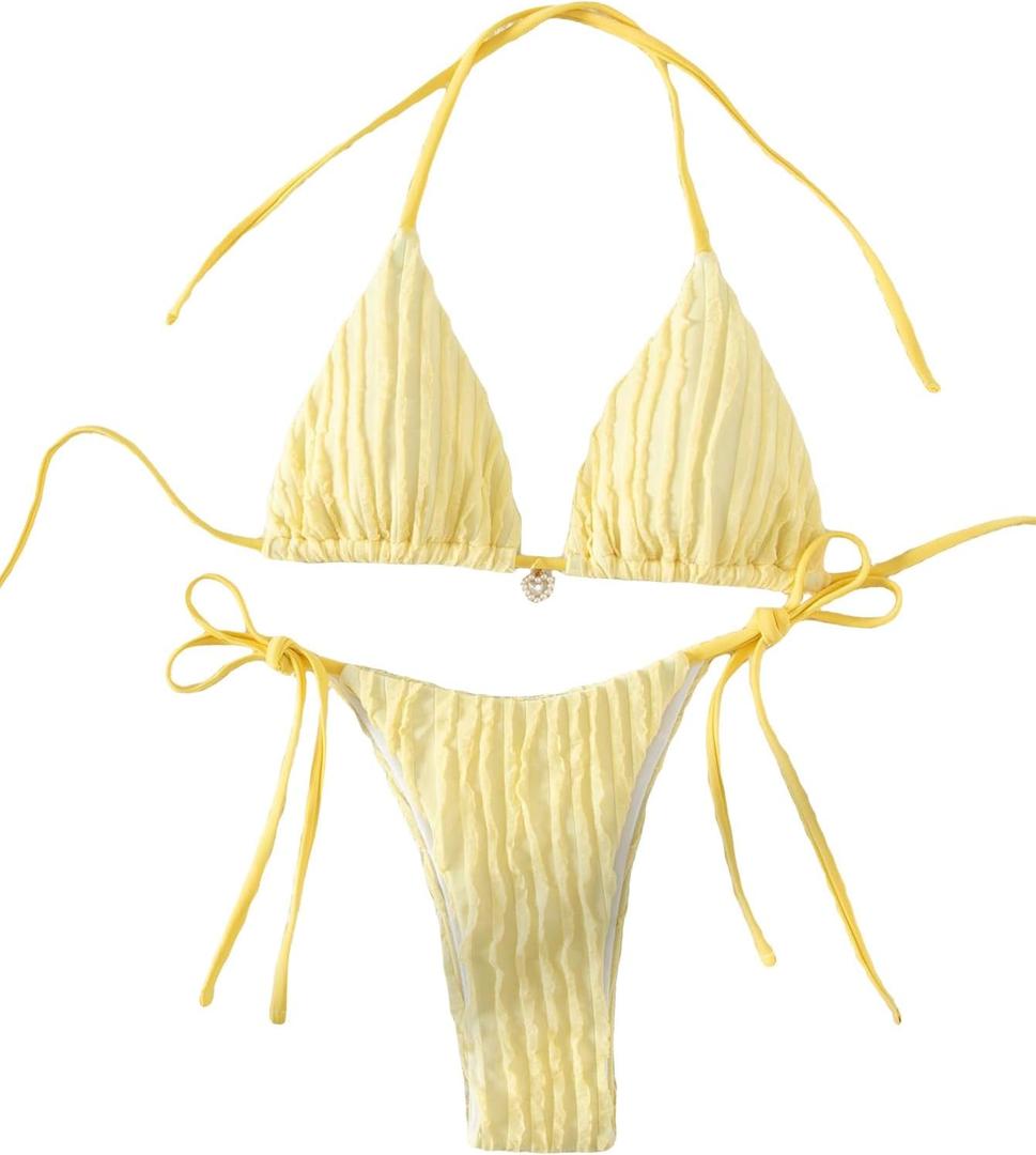 SHENHE Women's 2 Piece Swimsuit Floral Print Halter Tie Side Triangle Bikini Set (Medium, Yellow Stripe Textured)