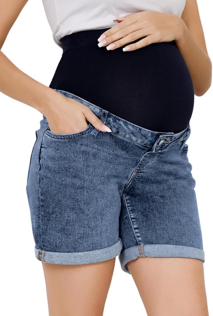 OVRUNS Women Maternity Jean Shorts Over The Belly Stretchy Comfy Rolled Cuff Pregnancy Denim Shorts with Pockets (X-Large)