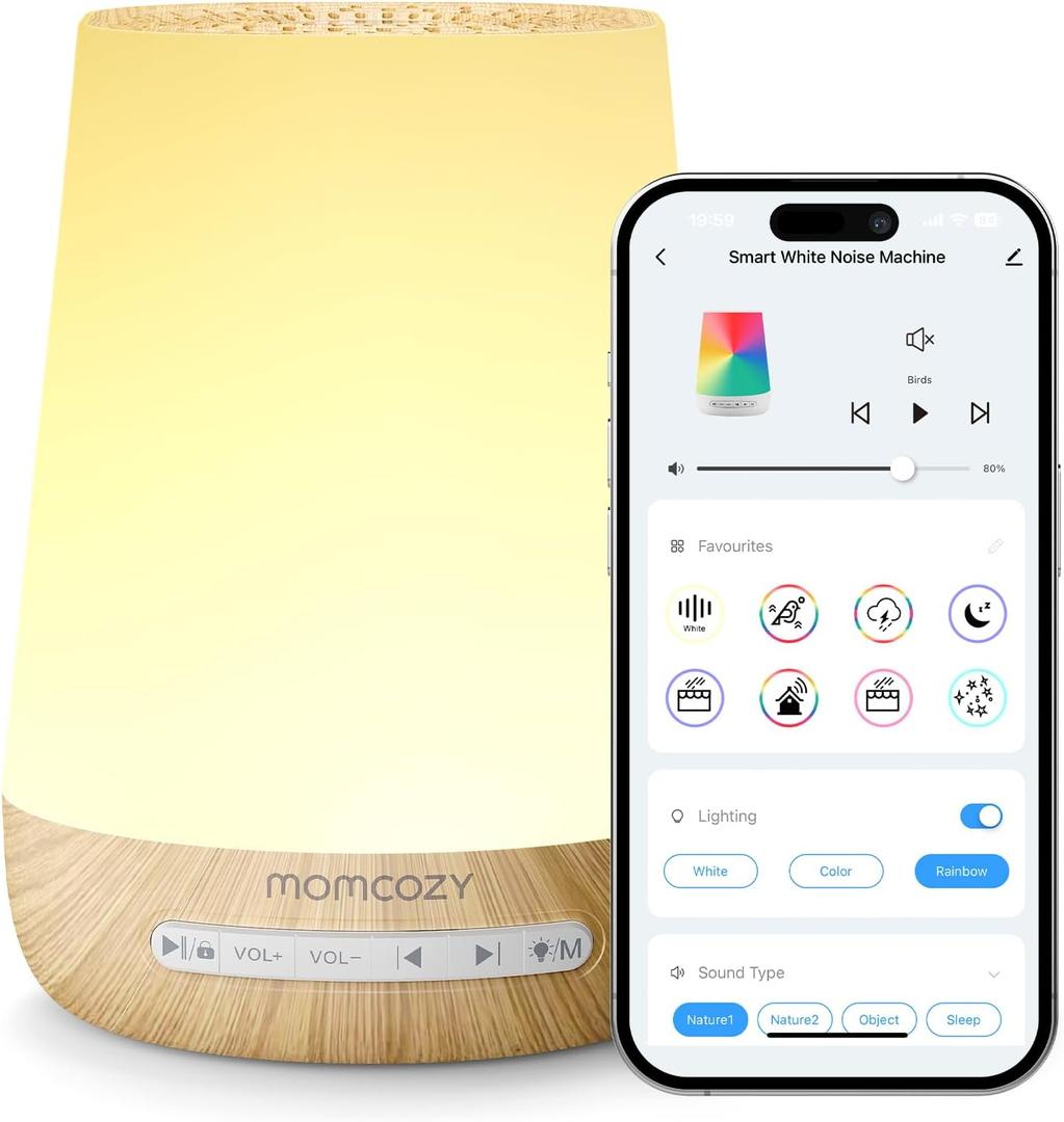 Baby Sound Machine, Momcozy White Noise Machine for Baby Sleeping with Night Light, Toddler Sleep Trainer with 34 Soothing Sounds, Timer, App Remote Control, Personal Sleep Routine (Wood Grain)