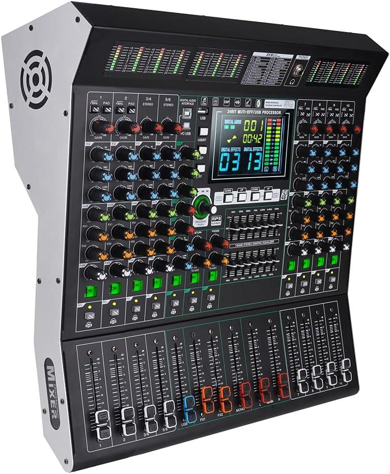 MD-10 10-Channel Professional Stage Mixer, 99 DSP Effects, USB, Wireless Connection, Independent EQ, Large LED Display, Ideal for Live Performances, Studio & Stage Users