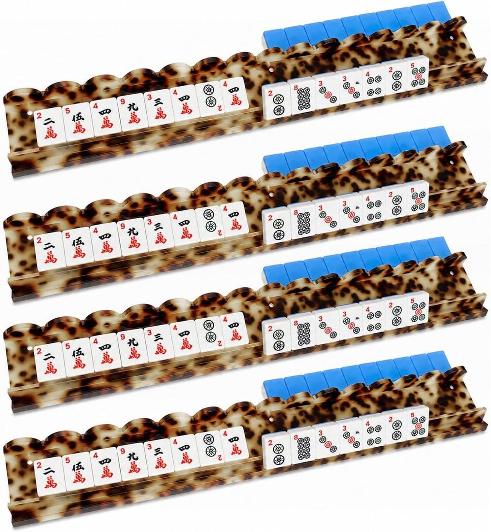 Premium Acrylic Mahjong Racks with Magnetic Pushers Set of 4, 20 inch Scalloped Mahjong Racks, Include Storage Bags, Tortoise Shell Amber
