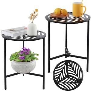 Party Zealot Set of 2 Small Round Metal Side Tables, 13-Inch Black Outdoor End Tables for Patio, Balcony, Porch or Garden  Weather-Resistant Corner Coffee Table for Small Spaces & Indoor Plant Stand (Black Hollow Leaf)