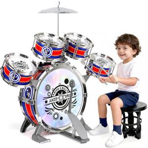 Kids Drum Set for Toddlers 13, Light-Up 5pcs Beginner Drum Set with Stool & Cymbal, Musical Drums Toy for Boys Girls Ages 25 Birthday Christmas New Year Valentines Day Gifts (Medium)