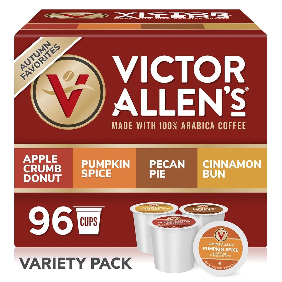 Victor Allen's Coffee Autumn Favorites Coffee Variety Pack (Apple Crumb Donut, Pumpkin Spice, Pecan Pie, Cinnamon Bun), 96 Count, Single Serve Coffee Pods for Keurig K-Cup Brewers BBD:11-16-25