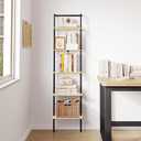 5-Tier Ladder Shelf, Wall Mounted Ladder Bookshelf with Metal Frame, Wood Tall Open Storage Rack and Display Shelves for Home Office Bedroom Living Room, Light Oak
