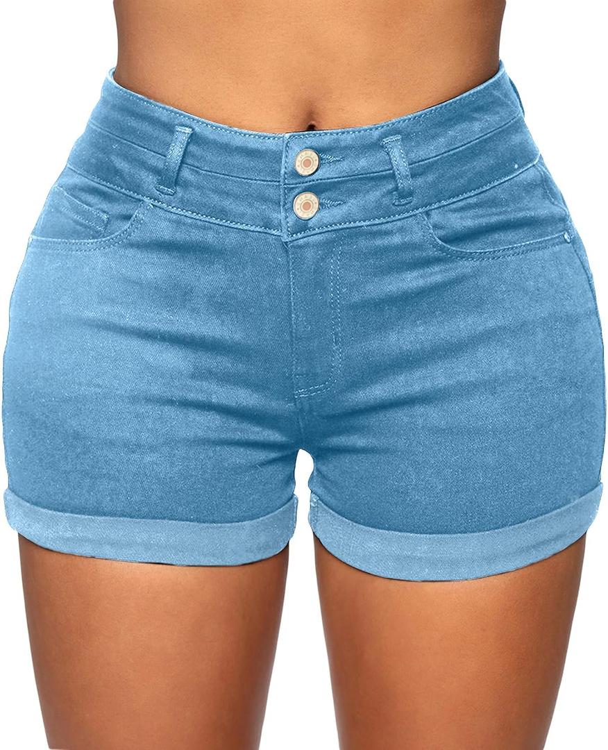 Romastory Womens High Waisted Jean Shorts Comfy Stretchy Workout Denim Shorts for Women (Blue, M)
