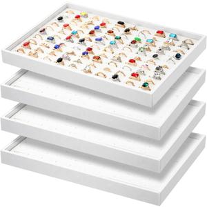 Wenqik 4 Pcs Cardboard Ring Holder with Velvet Lining, 100 Slot Inserts Stackable Ring Display Tray,13.8 x 9.4 x 1.2 inch (White)