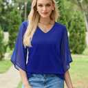 Uhiger 3/4 Length Sleeve Womens Tops V Neck Chiffon Blouse Dressy Casual Double Layered for Weekend Outings and Everyday Wear (Medium, Royal Blue)