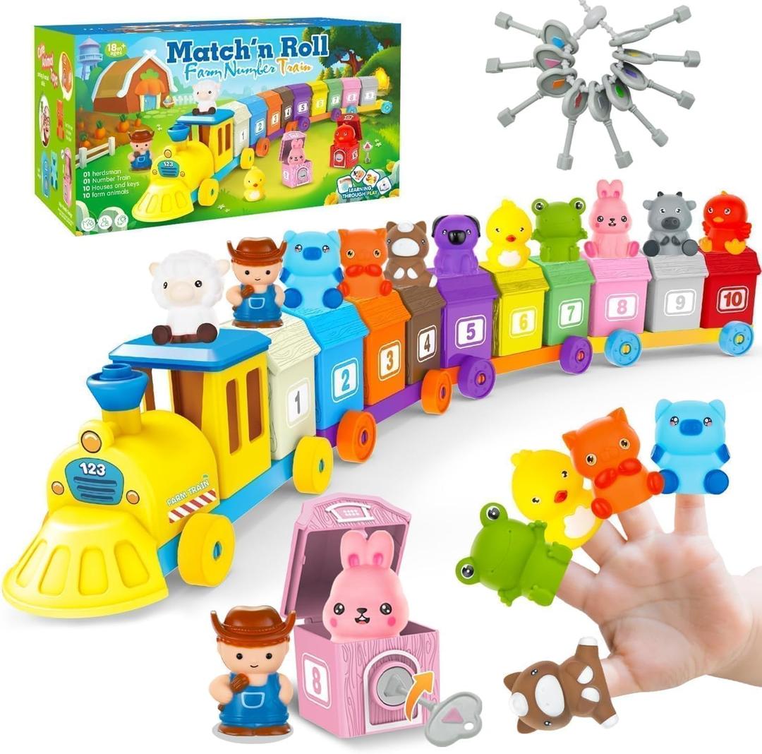 BOLZRA Farm Animals Train Toy for Toddlers 1 2 3 4 5 Years Old, Counting, Matching, Sorting Montessori Learning Toy with 11 Finger Puppets, Keys, Barns, Educational Christmas Birthday Gift for Kids