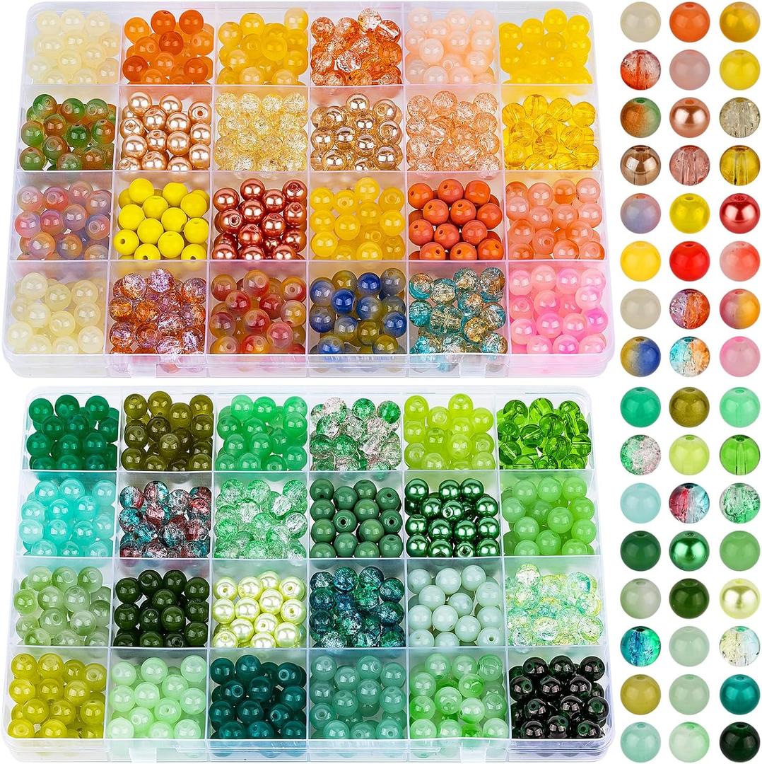 XSEINO About 1200PCS 8mm Glass Beads Bracelet Making Kit48 Assorted Yellow and Green Series Colorful Crystal Beads for Making and DIY Crafts